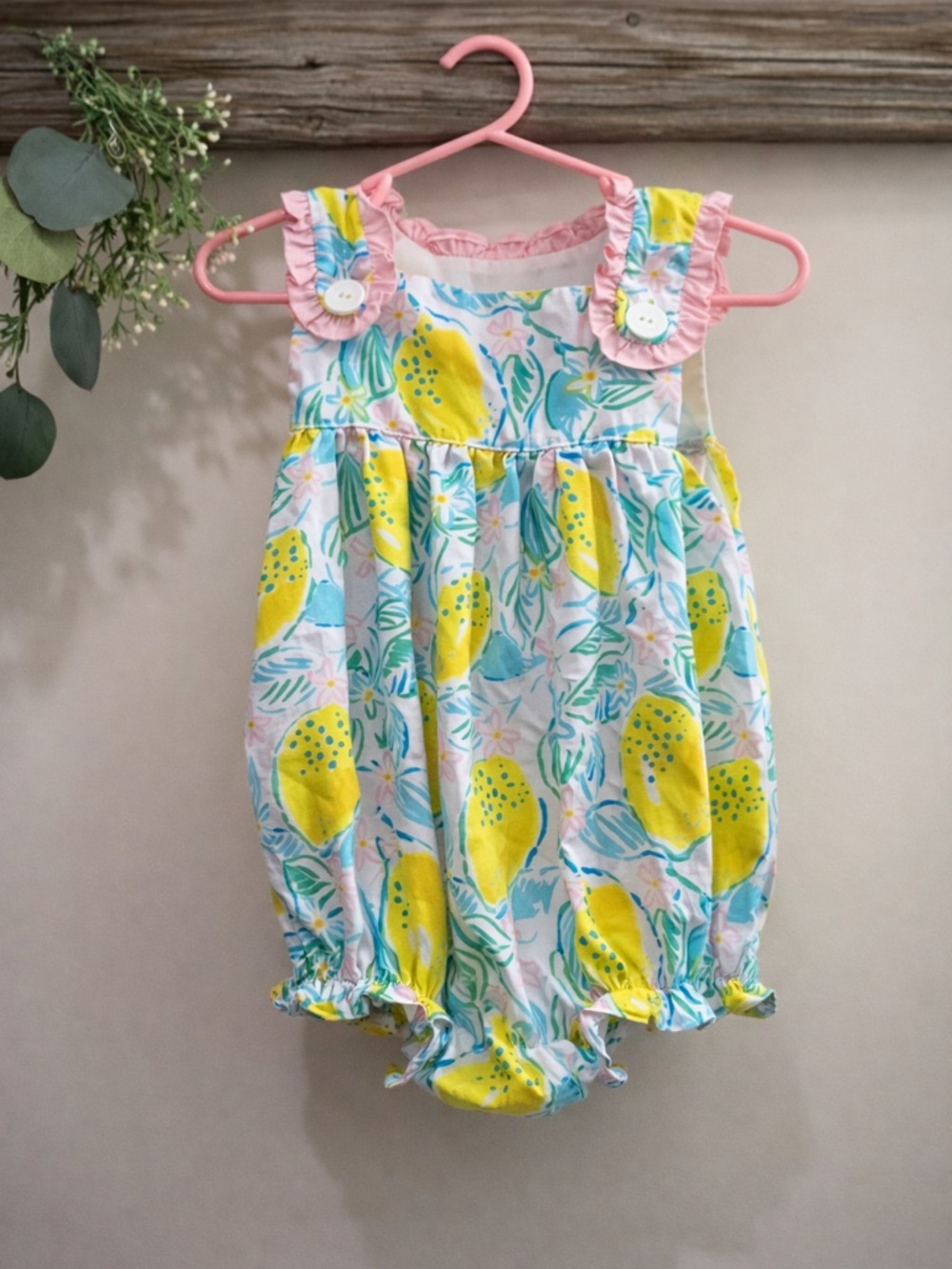 RARE Lemon Bubble Romper 12M Pink Ruffle Heirloom Spring Summer Easter Girl HTF